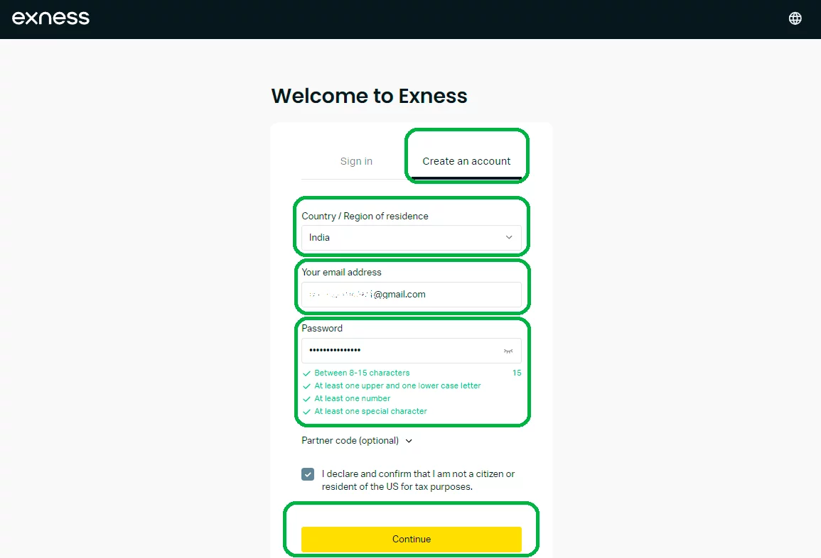在 Exness 註册开设 demo 计户的表格