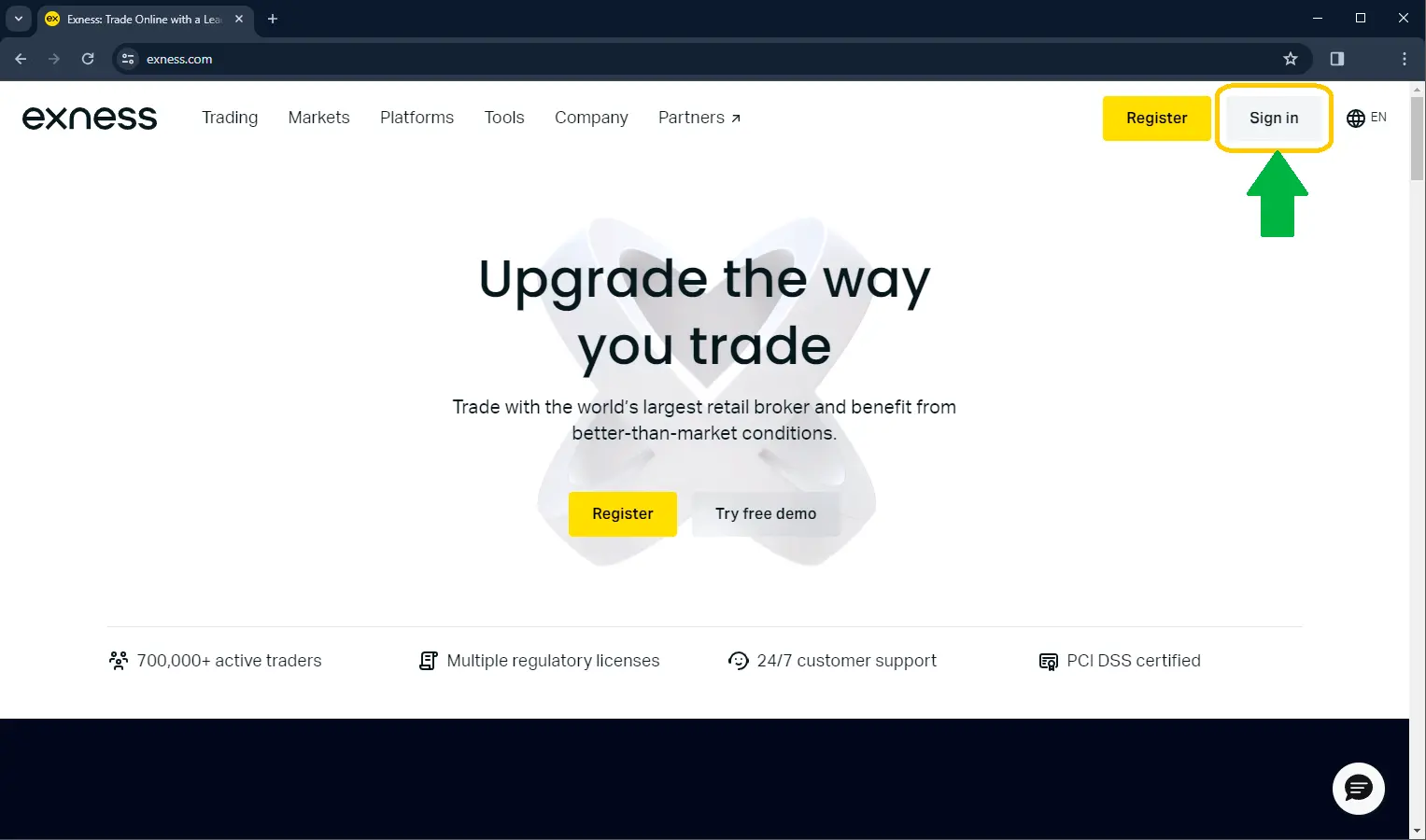 主 exness 网站上闪烁的按钮，前往登入表单
