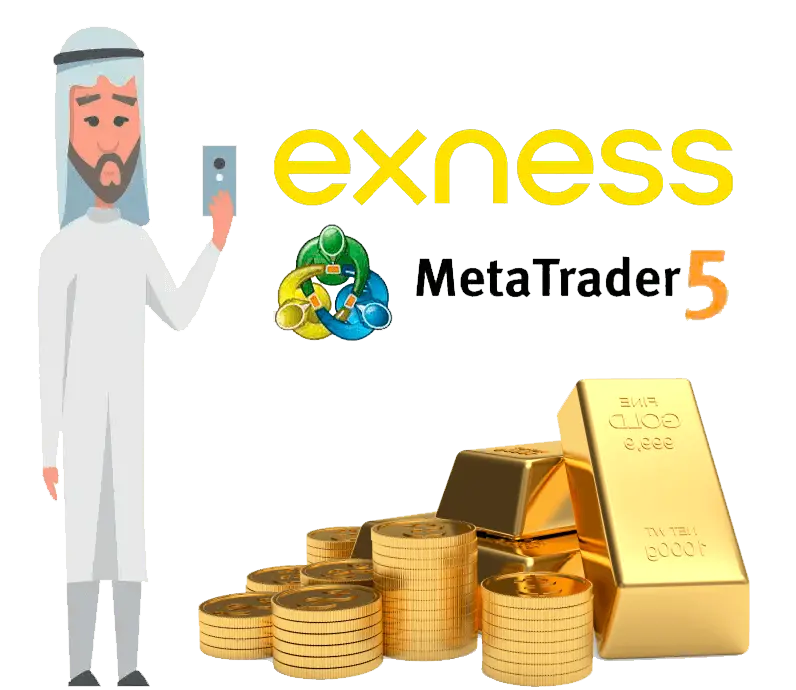 穆斯林手持手机，背景为黄金图像的 Exness MT5 标志