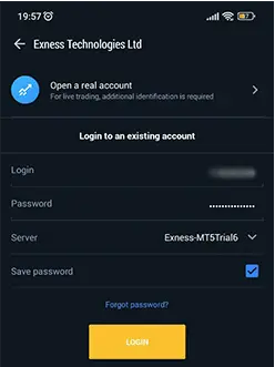 Exness 登入至移动端 MetaTrader 5